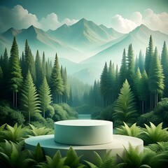 photorealistic shot of a minimalist with forest theme background  with empty product prodium