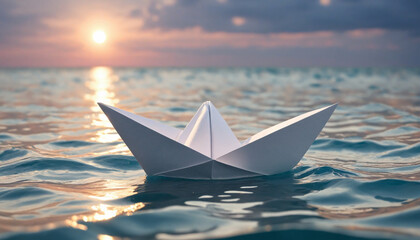 Paper boat sailing at sunset - obrazy, fototapety, plakaty