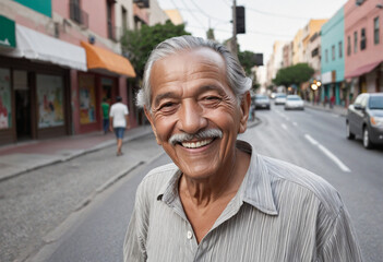 Happy elderly Mexican man smiling for a photo in a vibrant city street.