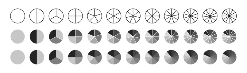 Segments circle collection. Infographic charts from 1 to 12 segments. Pie chart templates. PNG - obrazy, fototapety, plakaty