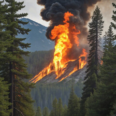 Forest fire with mountains in the backdrop. Illustrating the concept of a wildfire.