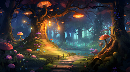 background fairy wood with a single path, zoom on a small portion of the path and add trees, moss, fireflies and mushrooms as additional decorations,,
Fantasy fairy tale background with forest and blo