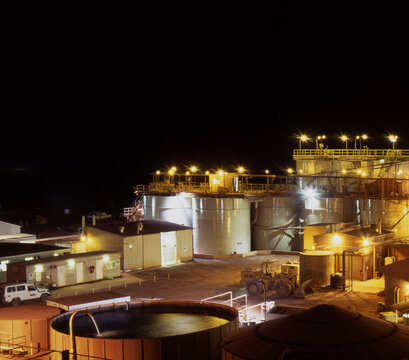 Elevated view of Gold Mine processing at night