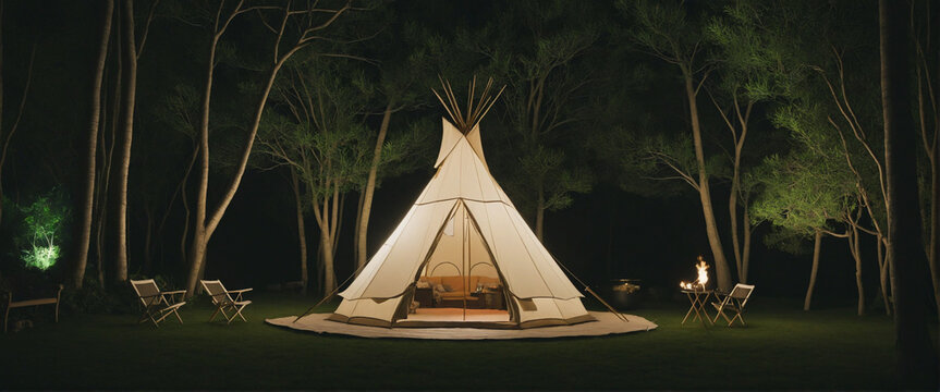 Luxury camping in a teepee under the stars. Summer outdoor adventure. Eco-friendly nature retreat.