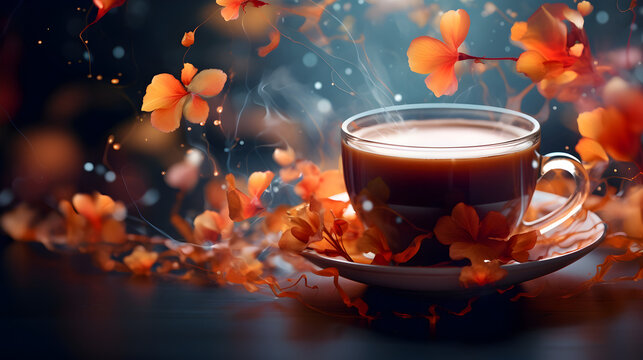 Autumn background with cup of coffee Free Photo,,
