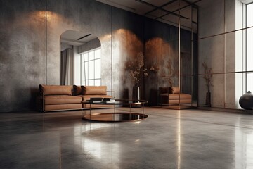 A contemporary, opulent environment with reflections and an empty mockup space on the wall. notion of design