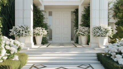 Fototapeta na wymiar A striking white entrance door surrounded by geometric steps and white potted flowers exudes modern charm.