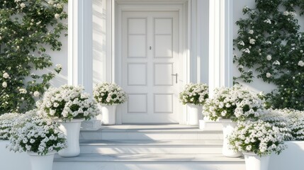 A striking white entrance door surrounded by geometric steps and white potted flowers exudes modern charm.