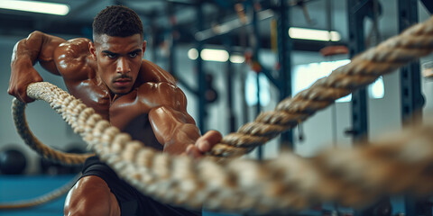 Portrait of a black muscular man doing battle rope workout at gym. Healthy lifestyle, fitness and motivation concept. - obrazy, fototapety, plakaty