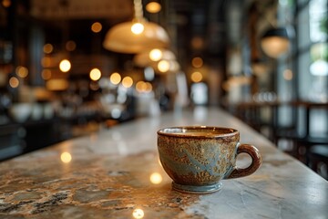 An elegant, artisanal coffee cup with a unique glaze, resting on a marble countertop under the warm glow of pendant lights in a chic restaurant. The background softly focuses on the ambient