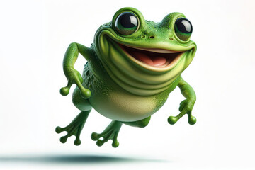Fototapeta premium A funny green toad with bulging big eyes and a smile jumps in flight on solid white background. ai generative