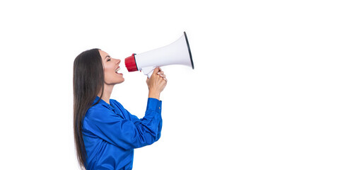Fototapeta premium Business man has conflict with partner about promotion. Businessman announce rivalry. Business conflict. Businessman shouting on employee in loudspeaker isolated on white. Copy space
