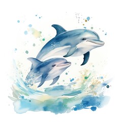 Naklejka premium Watercolor illustration of a family of dolphins on a white background.
