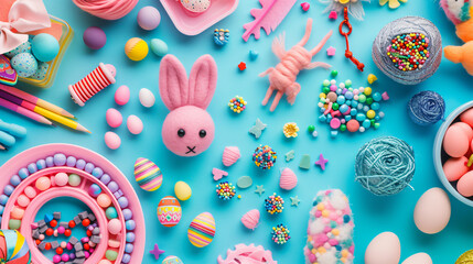 Fototapeta na wymiar A flat lay of Easter-themed craft materials like felt beads and glitter in a creative arrangement.