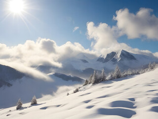 Fototapeta na wymiar Mountain, Sunny Winter Mountain Landscape with Blowing Snow