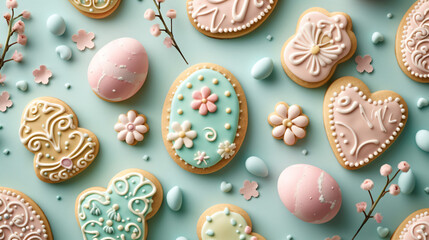 A flat lay of Easter-themed sugar cookies with intricate icing designs arranged artistically. - obrazy, fototapety, plakaty