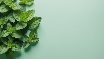 Fresh Mint Leaves on the Bottom Border Against a Light Green Backgroud, Space For Copy Space. Refreshing Ingredient - obrazy, fototapety, plakaty