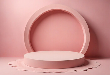 Stylish design with circular platform for showcasing products and torn paper edge on soft pink backdrop. Overhead perspective.