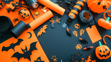 A flat lay of Halloween crafting supplies with orange and black paper stickers and stencils.
