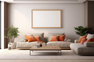 Bright, modern living room with an earthy colored sofa and bright orange throw pillows, with an empty picture frame mockup hanging on the wall
