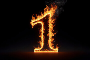 Number 1 with fire growing out isolated on solid black background. ai generative