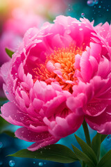 Spring flowers of pink peony or peony rose macro with drops of water on the petals. Mother's day or Valentine, birthday day concept. Flowers blooming in Springtime.