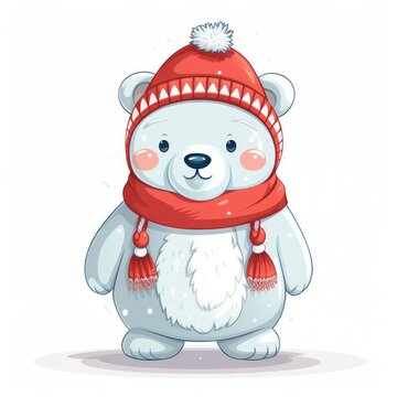 Illustration of a smiling cute polar bear in a knitted hat and scarf on a white background.