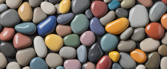 Fototapeta na wymiar Vibrant stones and pebbles in various colors. Designed for wide viewing. Creative technology.