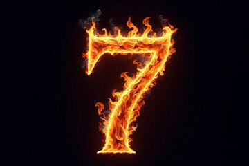 Number 7 with fire growing out isolated on solid black background. ai generative