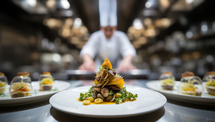 Chef decorating gourmet dish in restaurant kitchen