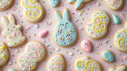 A flat lay of various Easter-themed cookies decorated with icing and sprinkles. - obrazy, fototapety, plakaty