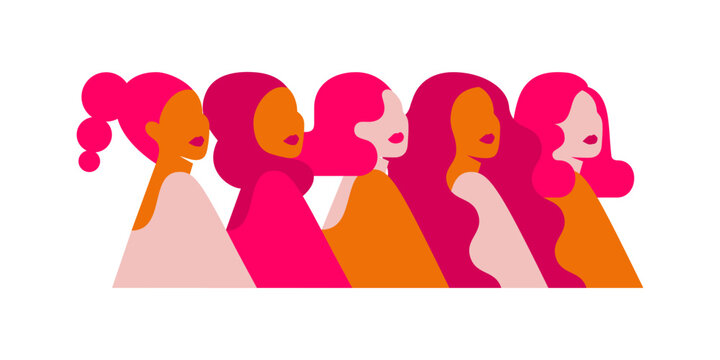 Five women stand next to each other. Silhouettes of female persons in pink colors isolated on white background. Character vector illustration for designs empowering females. Flat and simple style