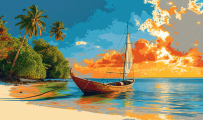 Illustration of Zanzibar island with dhow and sunset, T-shirt design and print - obrazy, fototapety, plakaty