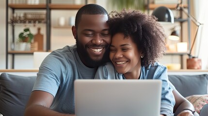 Pleasant family couple sitting looking at laptop screen. Happy young spouse web surfing, making purchases online or booking flight tickets.