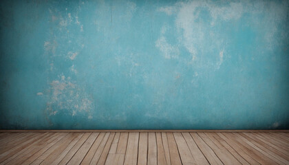 Vintage blue wall with wooden floor background, empty with space for copy