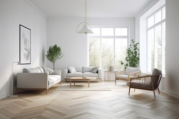 Interior of a light living room with a sofa, two armchairs, an empty white poster, a large window, and a wooden parquet floor. minimalist design principle. a relaxed setting for meetings. a mockup