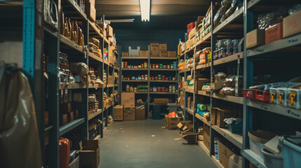 A food bank storage room filled with donations a key resource in combating hunger.