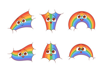 Cute Cartoon Characters. Rainbow with Different Emotions. Vector Set