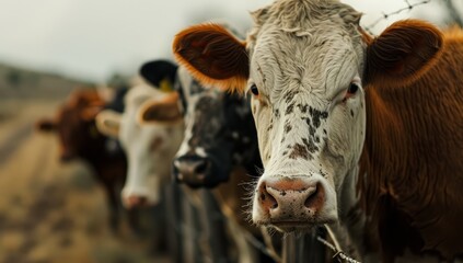 Cows lined up at fence on overcast day