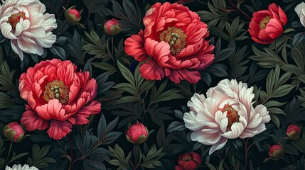 peony flowers and buds against a dark background, creating a mesmerizing seamless pattern that evokes elegance and sophistication. SEAMLESS PATTERN. SEAMLESS WALLPAPER.