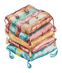 Watercolor stack of pillows illustration. Hand painted pillow design. Cusion painting.
