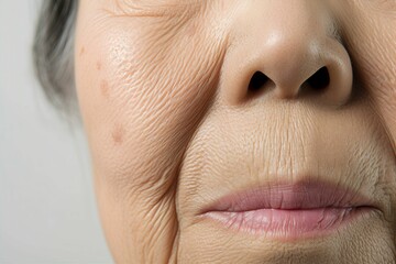 皺・たるみ・しみに悩むおばあさんの口元（眼瞼下垂・目の下のふくらみ・整形・若返り） - obrazy, fototapety, plakaty