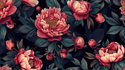 peony flowers and buds against a dark background, creating a mesmerizing seamless pattern that evokes elegance and sophistication. SEAMLESS PATTERN. SEAMLESS WALLPAPER.