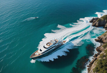 Fototapeta premium Bird's eye view of sailboat on the ocean. Overhead perspective. Creative technology involved.