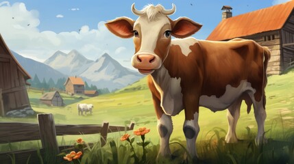 Fototapeta na wymiar A cow on a farm, illustrated in a child-friendly way. --ar 16:9 --v 5.2 Job ID: 882af681-2b85-4167-b06a-102adc6dd5d0