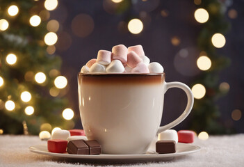 Cozy Christmas Mug with Hot Chocolate and MarshmallowibrAgainst Blurry Garland Lights for a Festive Ambience.