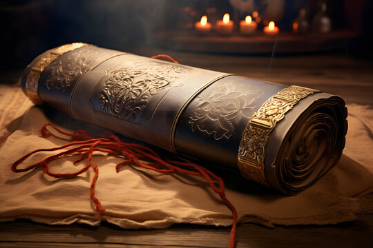 an old book with scales in its hands