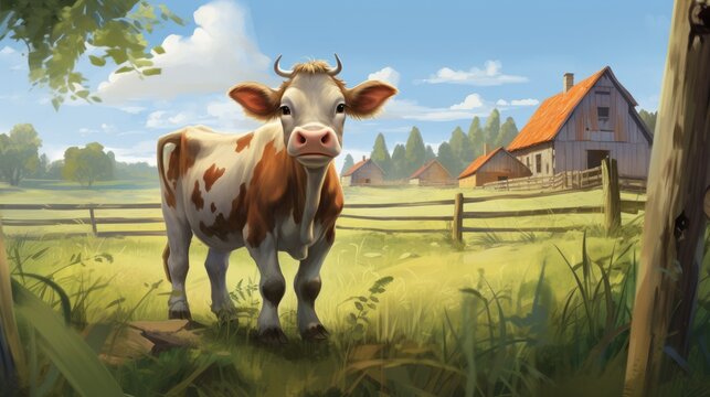 A cow on a farm, illustrated in a child-friendly way. --ar 16:9 --v 5.2 Job ID: b0848527-5bfe-4ab2-8131-836ae1284844