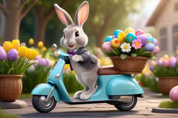 Zelfklevend Fotobehang Cute cartoon rabbit on a scooter with easter eggs. © elena_hramowa