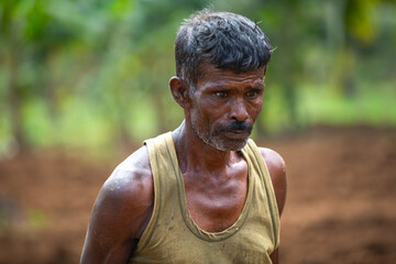 Up close, an Indian farmer works hard in the hot sun.